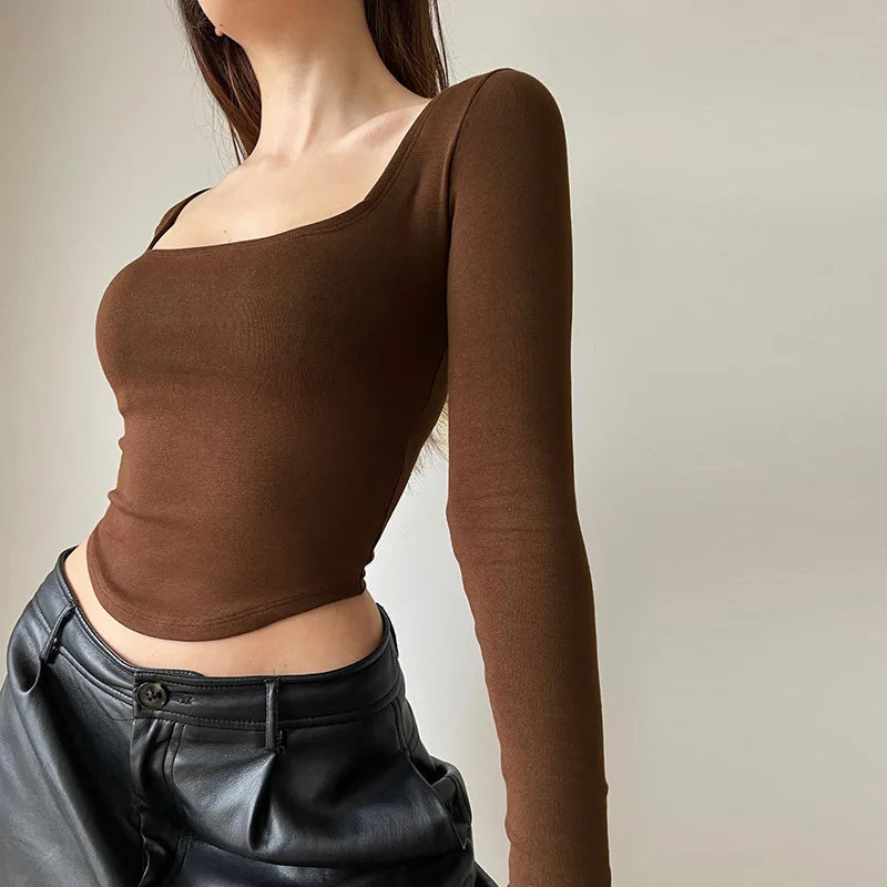 Casual Square Collar Long Sleeve Skinny slim fit Crop Tops Mssza