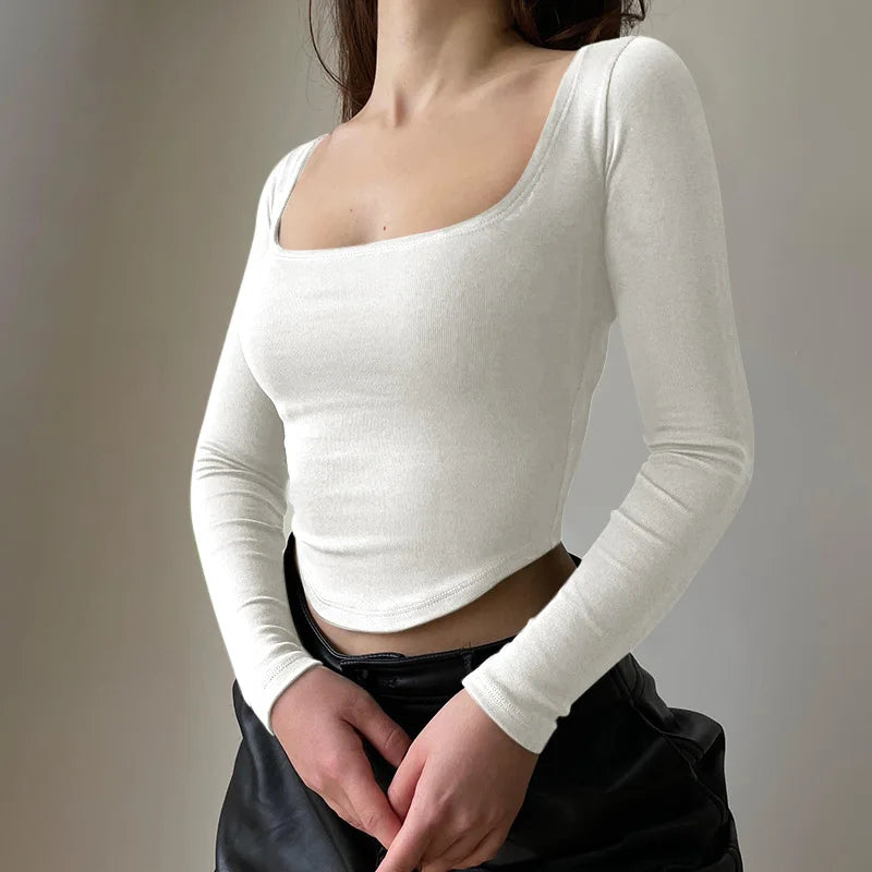 Casual Square Collar Long Sleeve Skinny slim fit Crop Tops Mssza