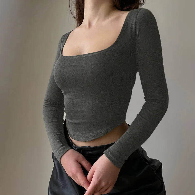 Casual Square Collar Long Sleeve Skinny slim fit Crop Tops Mssza