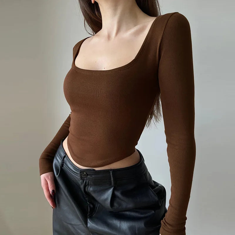 Casual Square Collar Long Sleeve Skinny slim fit Crop Tops Mssza