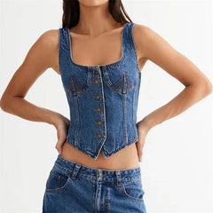 Casual Square Collar Single Breasted Sleeveless Jeans And Top Two Piece Outfit Mssza