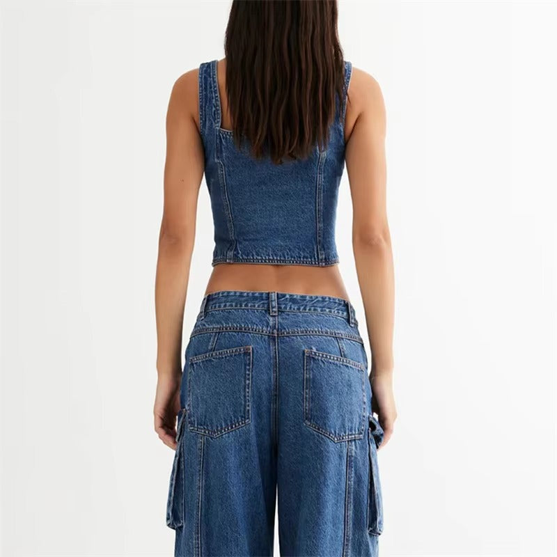 Casual Square Collar Single Breasted Sleeveless Jeans And Top Two Piece Outfit Mssza