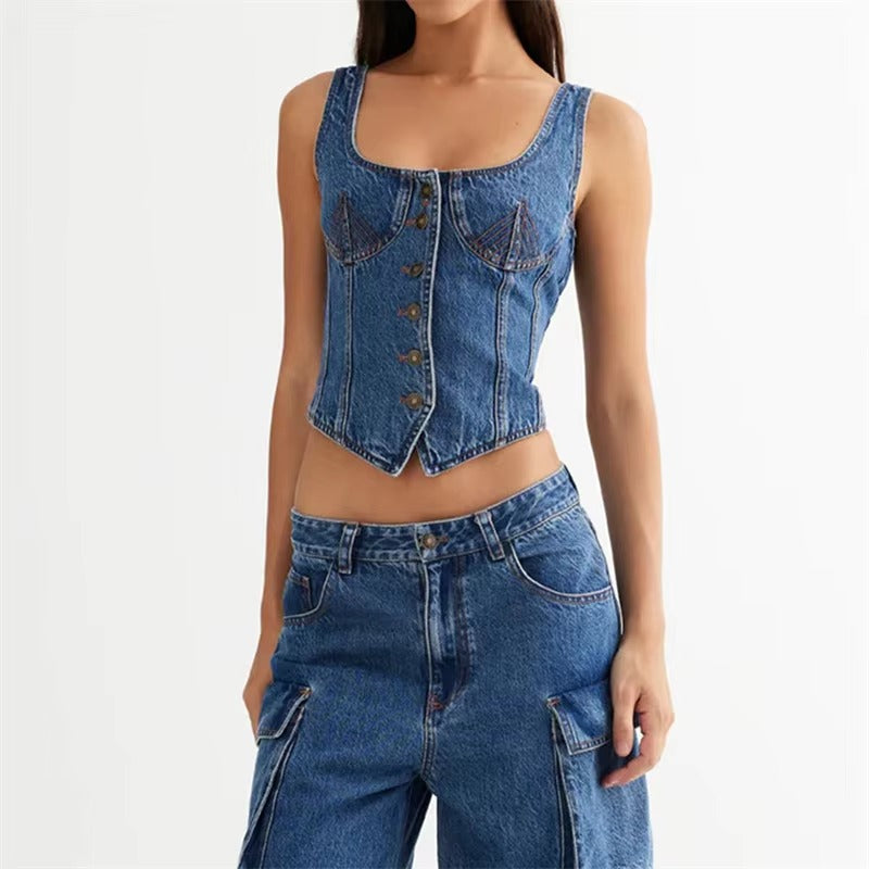 Casual Square Collar Single Breasted Sleeveless Jeans And Top Two Piece Outfit Mssza