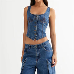 Casual Square Collar Single Breasted Sleeveless Jeans And Top Two Piece Outfit Mssza
