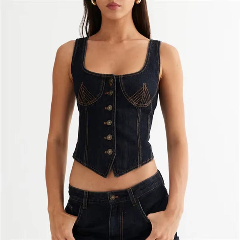 Casual Square Collar Single Breasted Sleeveless Jeans And Top Two Piece Outfit Mssza
