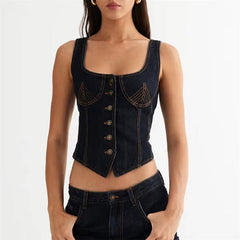 Casual Square Collar Single Breasted Sleeveless Jeans And Top Two Piece Outfit Mssza