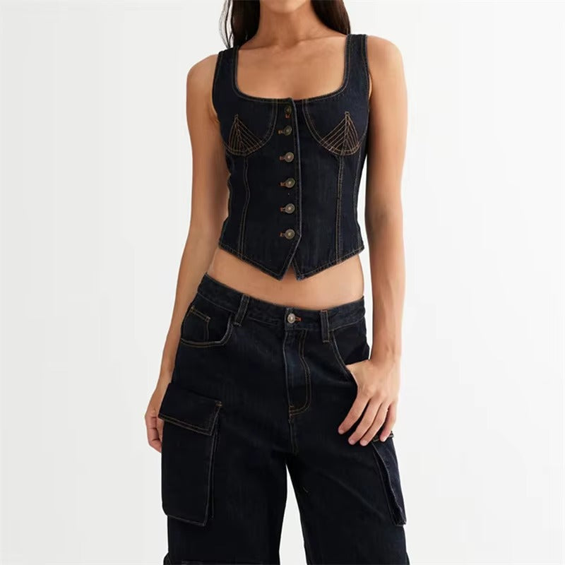Casual Square Collar Single Breasted Sleeveless Jeans And Top Two Piece Outfit Mssza