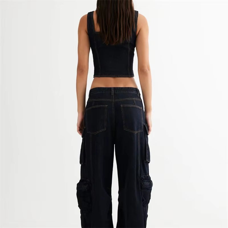 Casual Square Collar Single Breasted Sleeveless Jeans And Top Two Piece Outfit Mssza