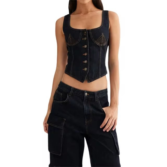 Casual Square Collar Single Breasted Sleeveless Jeans And Top Two Piece Outfit Mssza