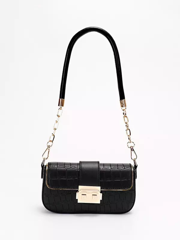 Casual Square Faux Leather Flap Crocodile Pattern Grommets Shoulder Bag Mssza