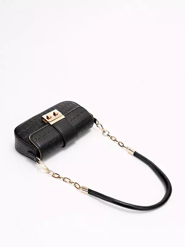 Casual Square Faux Leather Flap Crocodile Pattern Grommets Shoulder Bag Mssza