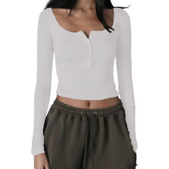Casual Square Neck Long Sleeve Slim Fit Ribbed Crop Top Mssza