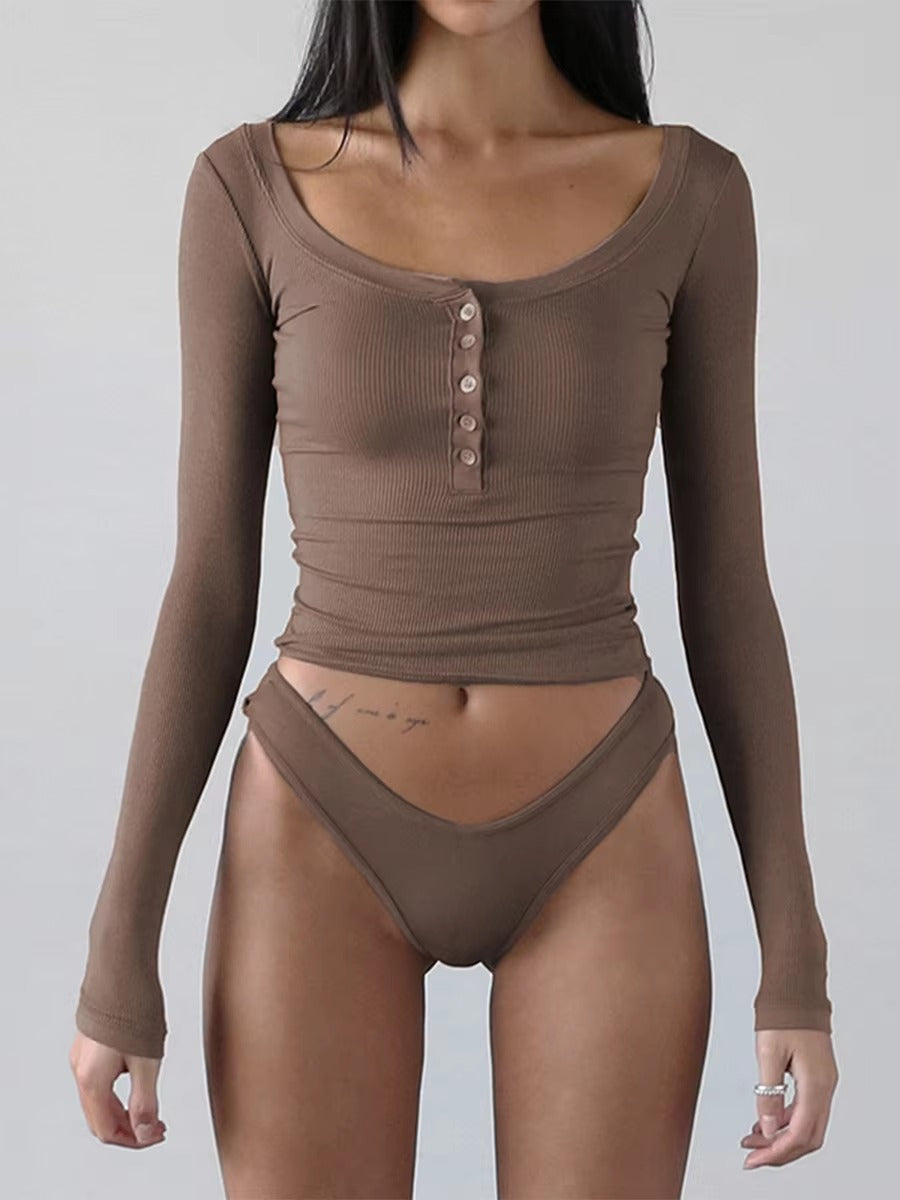 Casual Square Neck Long Sleeve Slim Fit Ribbed Crop Top Mssza