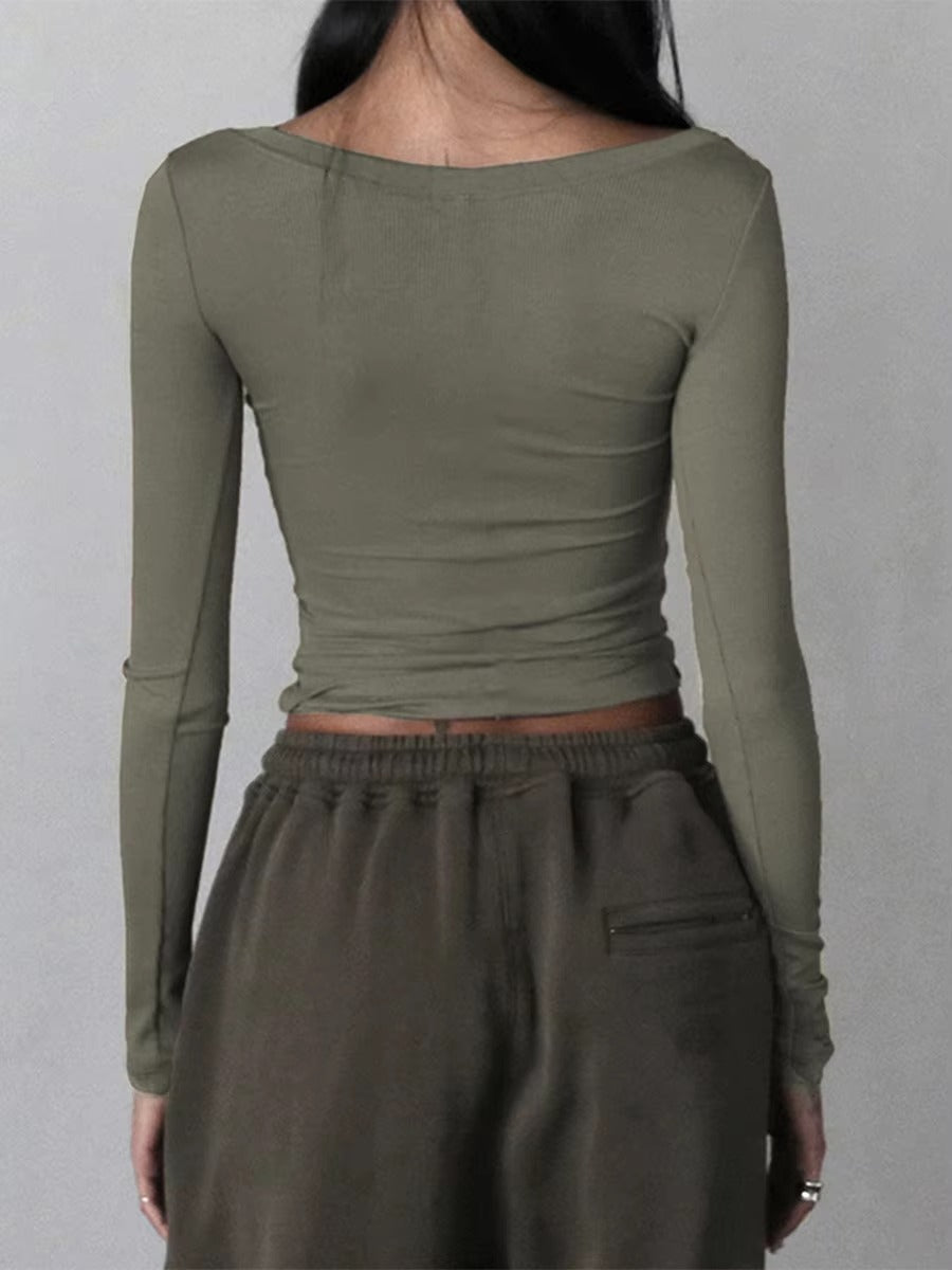 Casual Square Neck Long Sleeve Slim Fit Ribbed Crop Top Mssza