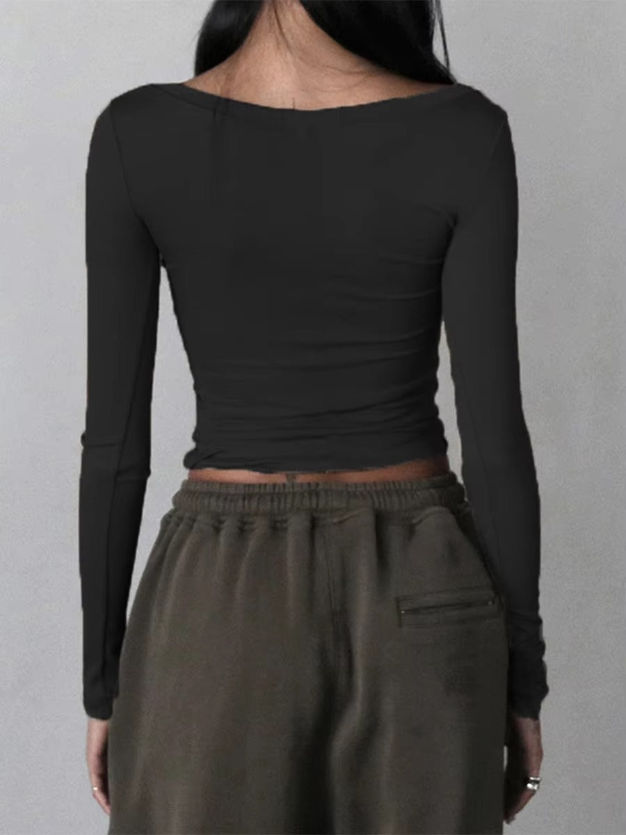 Casual Square Neck Long Sleeve Slim Fit Ribbed Crop Top Mssza