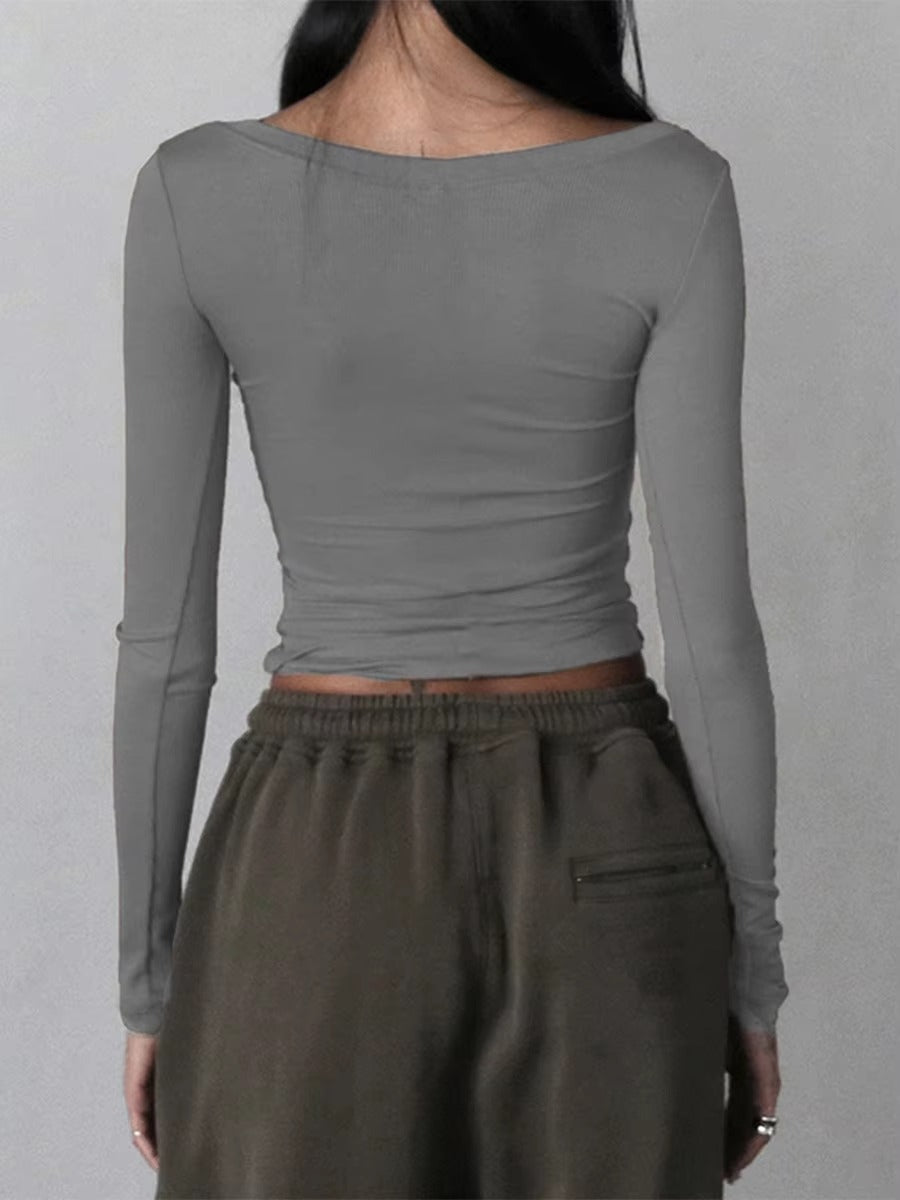 Casual Square Neck Long Sleeve Slim Fit Ribbed Crop Top Mssza