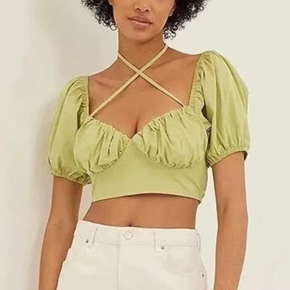 Casual Square Neck Short Sleeve Temperament Solid Spliced Lape Up T Shirts Mssza