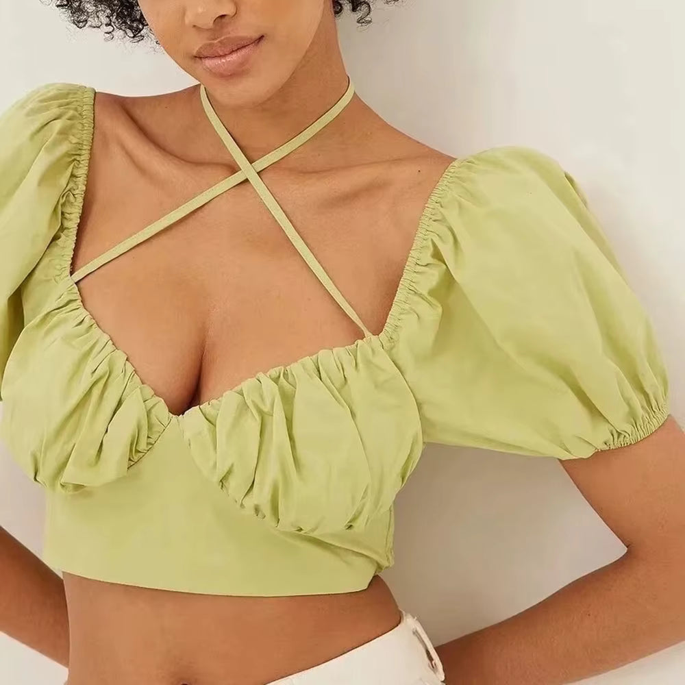 Casual Square Neck Short Sleeve Temperament Solid Spliced Lape Up T Shirts Mssza