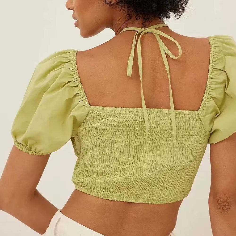 Casual Square Neck Short Sleeve Temperament Solid Spliced Lape Up T Shirts Mssza