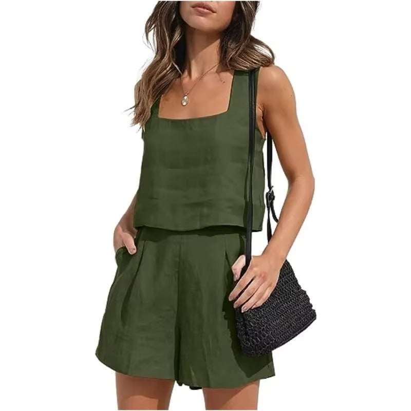 Casual Square Neck Sleeveless Cotton Linen Shorts Exposure Trendy Top 2-piece Set Mssza