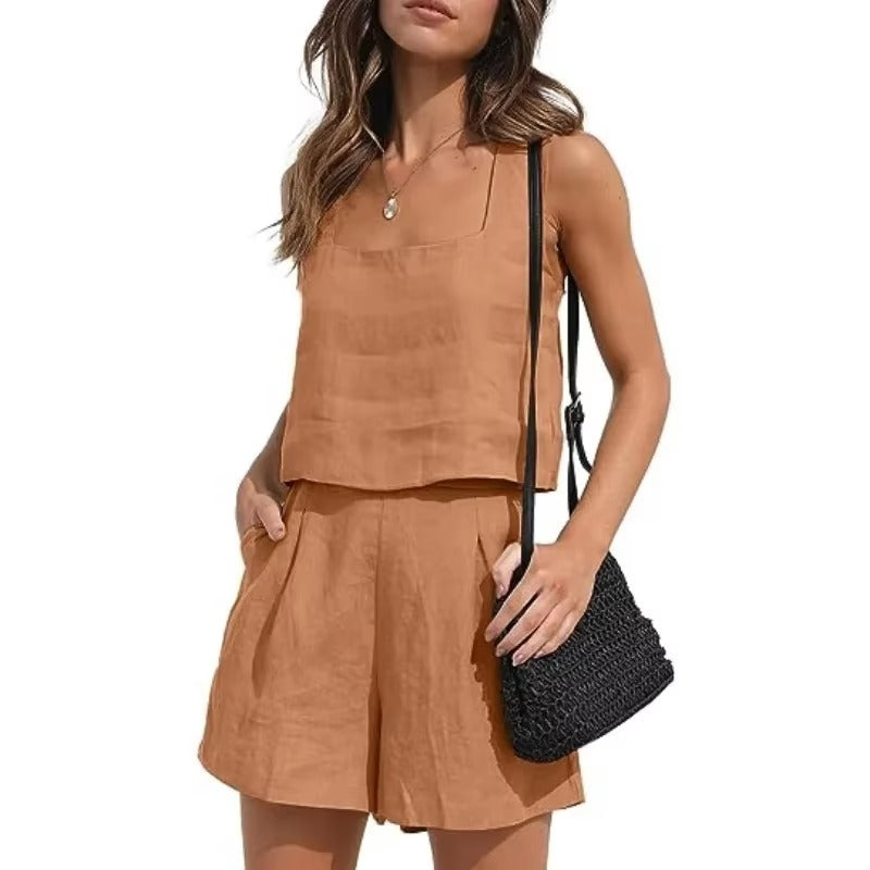 Casual Square Neck Sleeveless Cotton Linen Shorts Exposure Trendy Top 2-piece Set Mssza