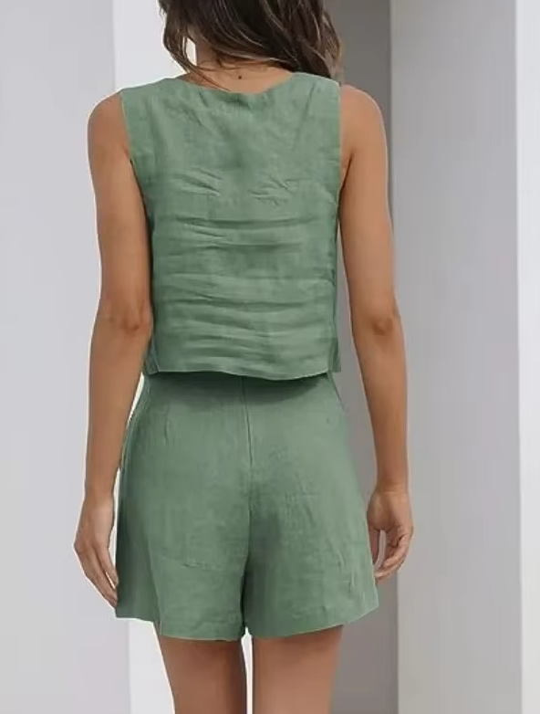 Casual Square Neck Sleeveless Cotton Linen Shorts Exposure Trendy Top 2-piece Set Mssza
