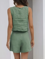 Casual Square Neck Sleeveless Cotton Linen Shorts Exposure Trendy Top 2-piece Set Mssza