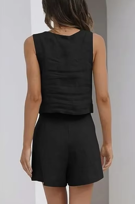 Casual Square Neck Sleeveless Cotton Linen Shorts Exposure Trendy Top 2-piece Set Mssza