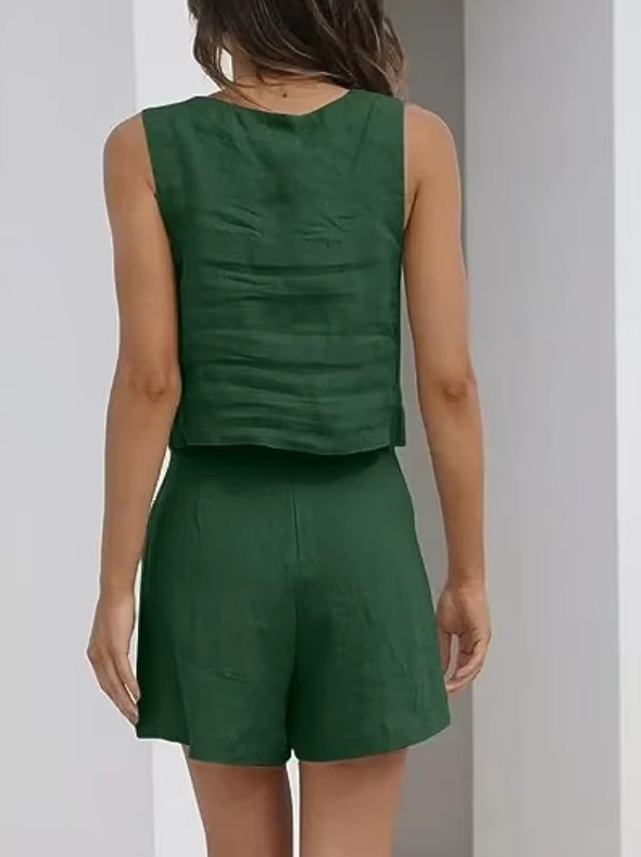 Casual Square Neck Sleeveless Cotton Linen Shorts Exposure Trendy Top 2-piece Set Mssza