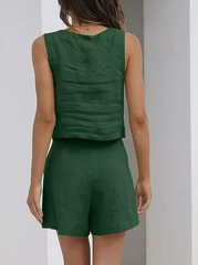 Casual Square Neck Sleeveless Cotton Linen Shorts Exposure Trendy Top 2-piece Set Mssza