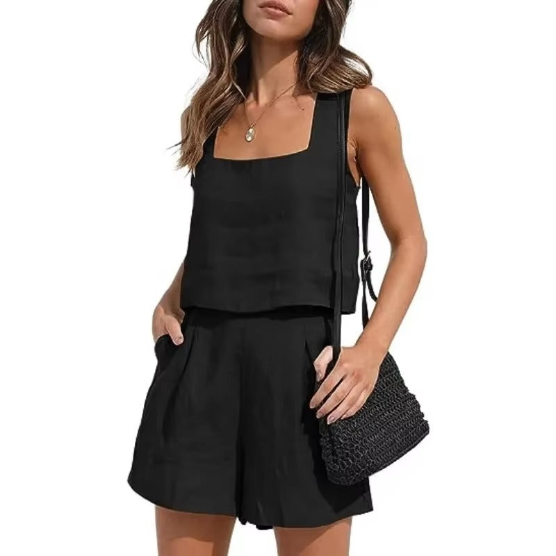 Casual Square Neck Sleeveless Cotton Linen Shorts Exposure Trendy Top 2-piece Set Mssza