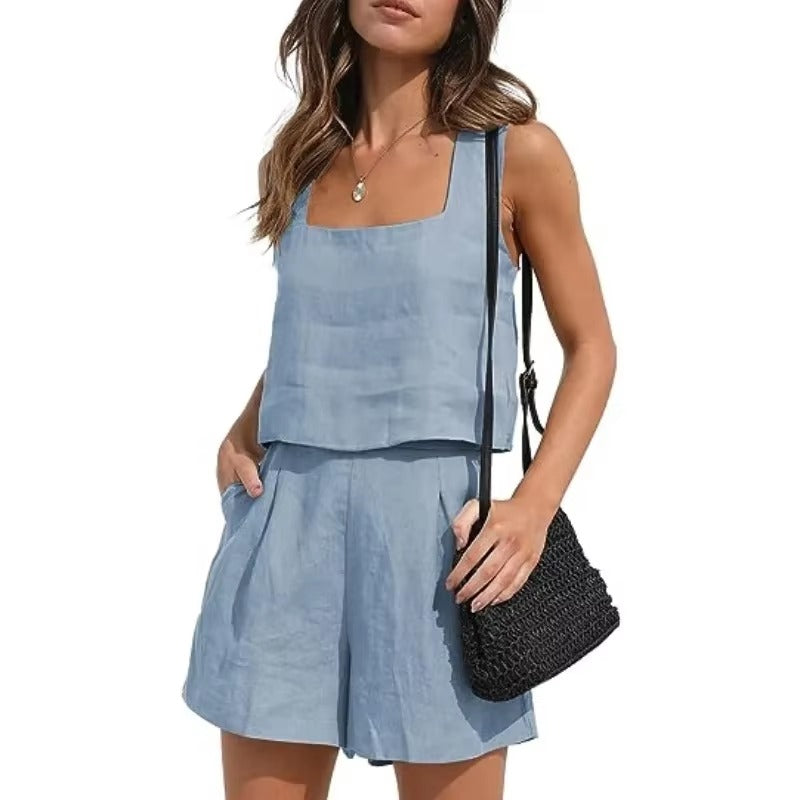 Casual Square Neck Sleeveless Cotton Linen Shorts Exposure Trendy Top 2-piece Set Mssza