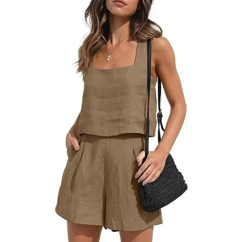 Casual Square Neck Sleeveless Cotton Linen Shorts Exposure Trendy Top 2-piece Set Mssza