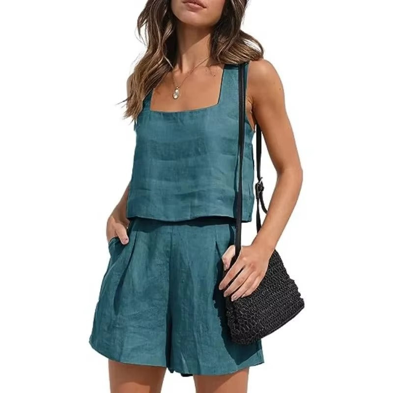 Casual Square Neck Sleeveless Cotton Linen Shorts Exposure Trendy Top 2-piece Set Mssza