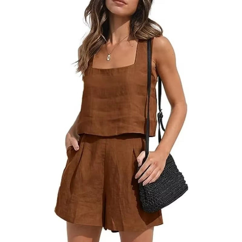 Casual Square Neck Sleeveless Cotton Linen Shorts Exposure Trendy Top 2-piece Set Mssza
