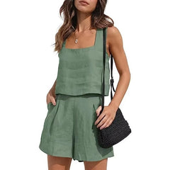Casual Square Neck Sleeveless Cotton Linen Shorts Exposure Trendy Top 2-piece Set Mssza
