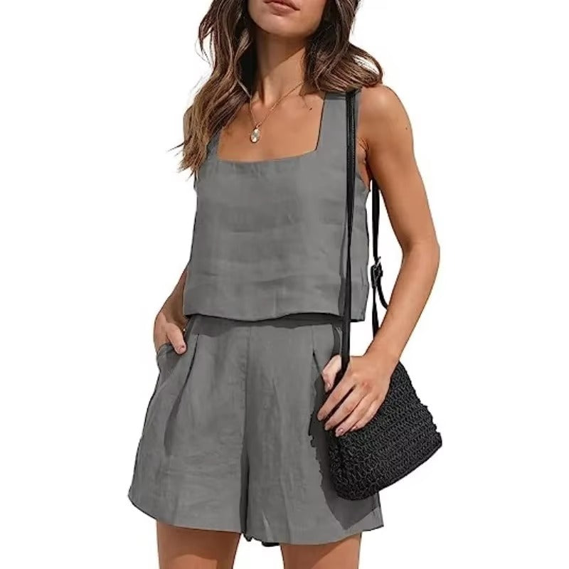 Casual Square Neck Sleeveless Cotton Linen Shorts Exposure Trendy Top 2-piece Set Mssza