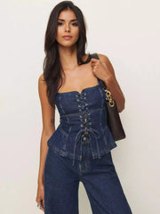 Casual Square Neck Sleeveless Lace-Up Front Denim Corset Top Mssza