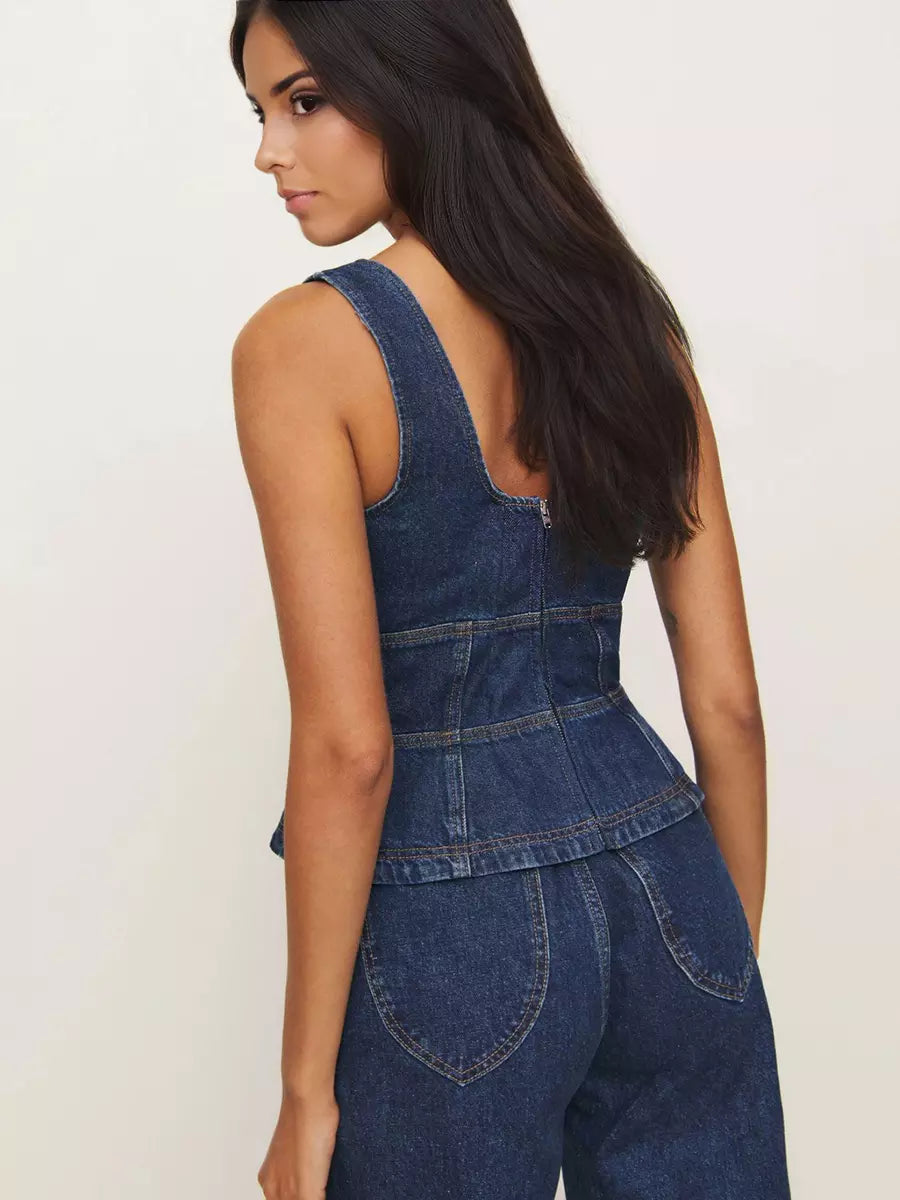 Casual Square Neck Sleeveless Lace-Up Front Denim Corset Top Mssza