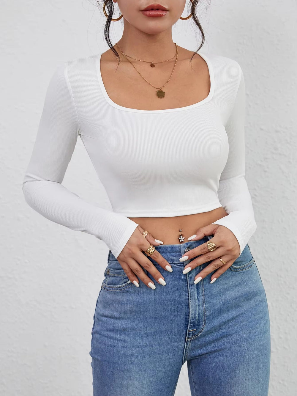 Casual Squared Neck Long Sleeve Solid slim fit short Cropped Top Mssza