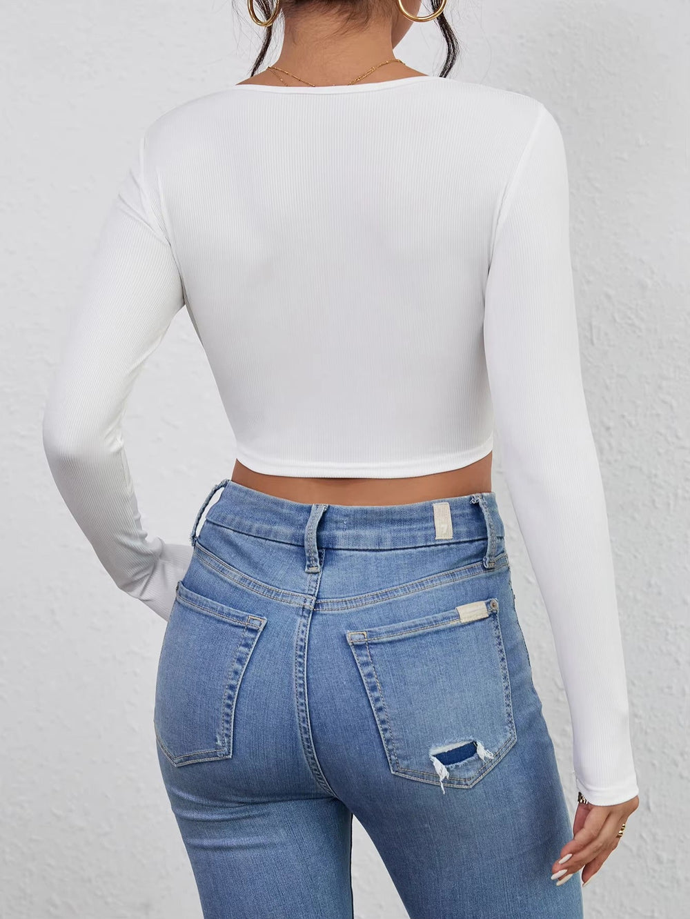 Casual Squared Neck Long Sleeve Solid slim fit short Cropped Top Mssza