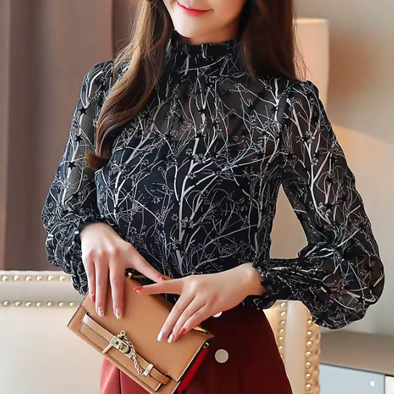 Casual Stand Collar Floral Chiffon Long Sleeve Printed Blouses Mssza