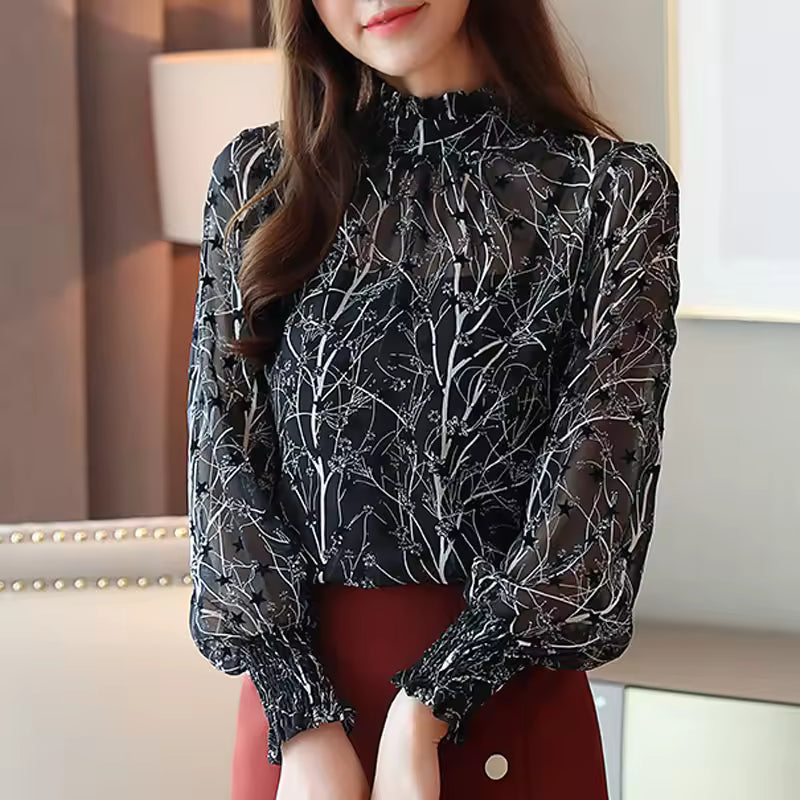Casual Stand Collar Floral Chiffon Long Sleeve Printed Blouses Mssza
