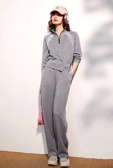 Casual Stand Collar Long Pants And Top Two Pieces Set Mssza