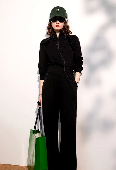 Casual Stand Collar Long Pants And Top Two Pieces Set Mssza