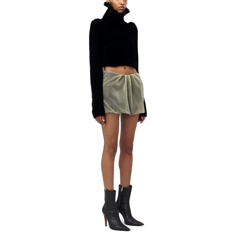 Casual Stand Collar Velvet Short Long-Sleeved Crop Top Mssza