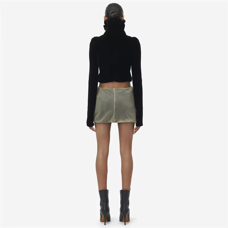 Casual Stand Collar Velvet Short Long-Sleeved Crop Top Mssza