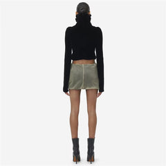 Casual Stand Collar Velvet Short Long-Sleeved Crop Top Mssza
