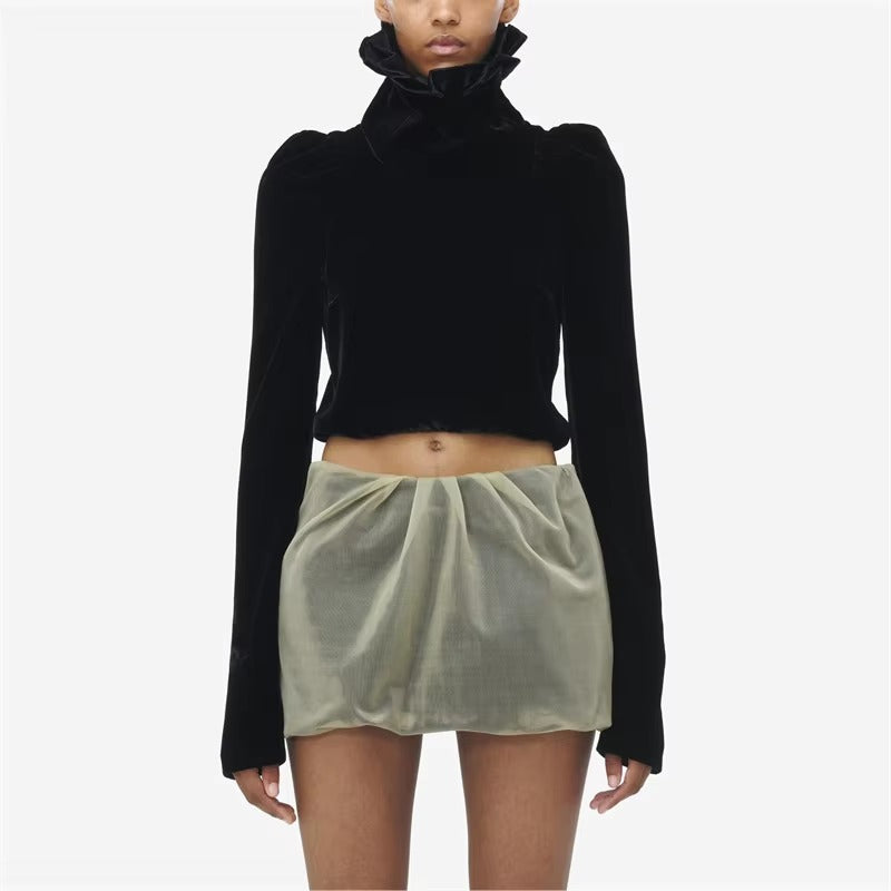Casual Stand Collar Velvet Short Long-Sleeved Crop Top Mssza