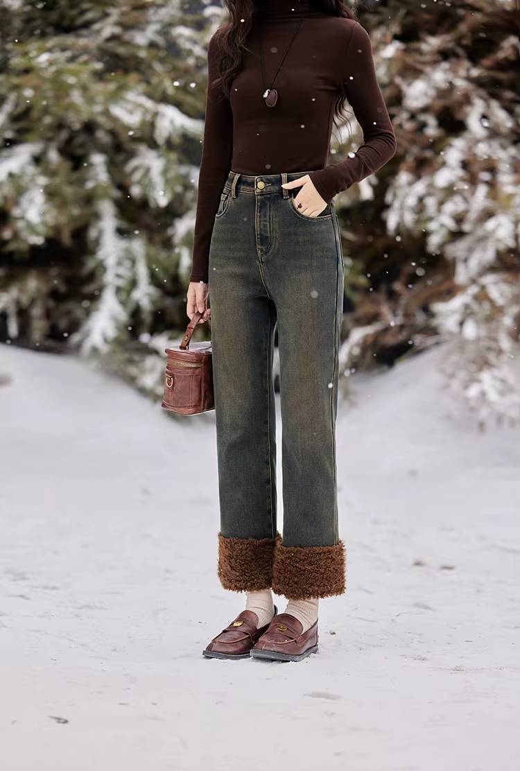 Casual Straight Bootcut High Waist With Pockets Slim Fit Velvet Warm Jeans Mssza